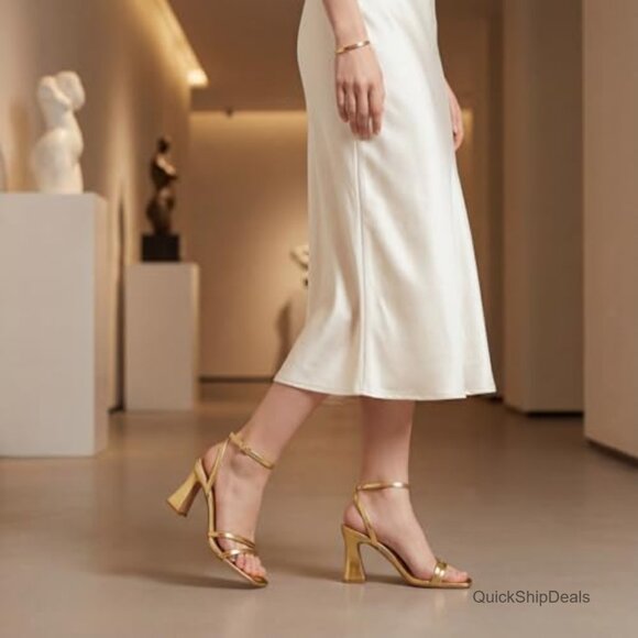 Faux Leather Heeled Sandals with Ankle Strap 3 Inch Block Heels - Picture 3 of 7